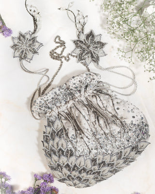 Silver applique leaf work potli