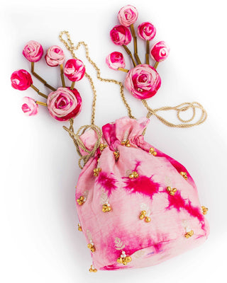 Hot pink shibori potli with zari