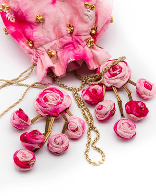 Hot pink shibori potli with zari