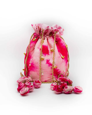 Hot pink shibori potli with zari
