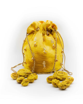 Mustard yellow shibori potli with zari