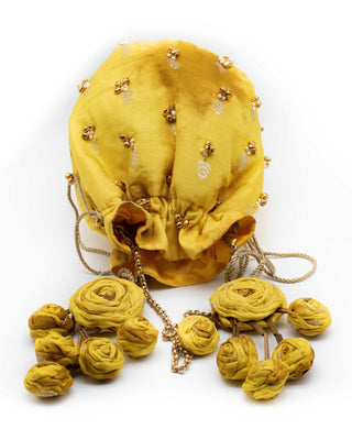 Mustard yellow shibori potli with zari