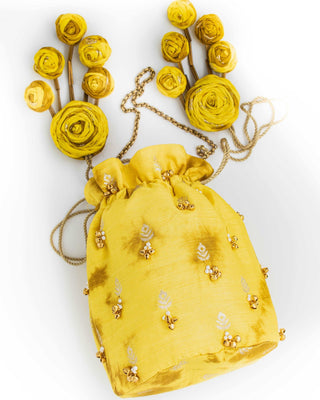 Mustard yellow shibori potli with zari