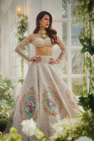Lehenga Set for Indian Weddings – Beige Jardin De Soie by Rianta's