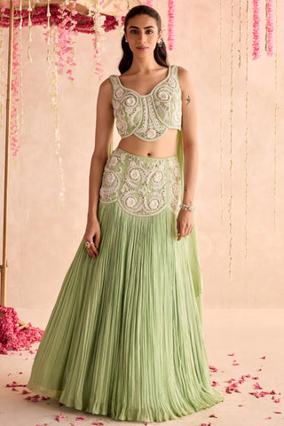 Green jasmine under bloom lehenga set
