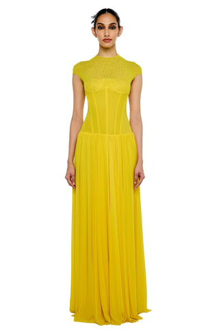 Yellow Maxi Dress with Crystal Embellished Mesh - self-cntrd