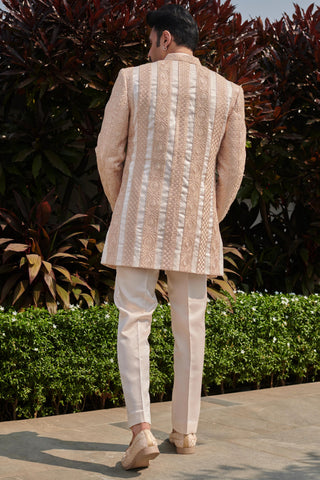 Beige threadwork open-front hitch jacket set