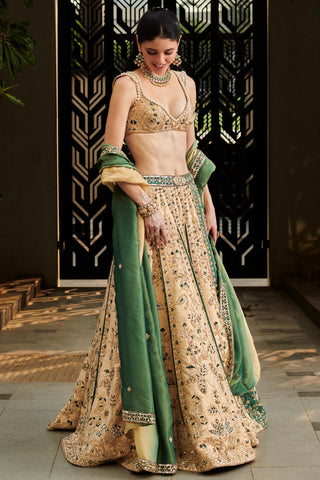 Beige & green handcrafted embroidered hitch lehenga set