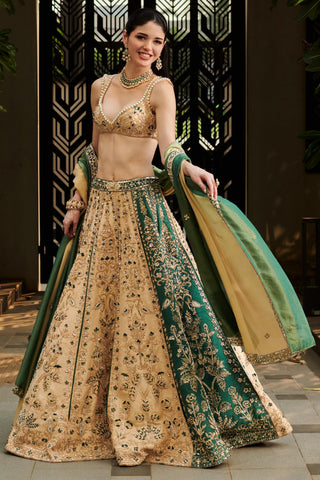 Beige & green handcrafted embroidered hitch lehenga set