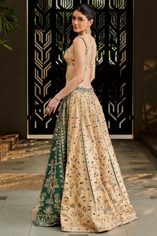 Beige & green handcrafted embroidered hitch lehenga set