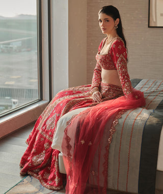 Raspberry pink hand-embroidered silk hitch lehenga set