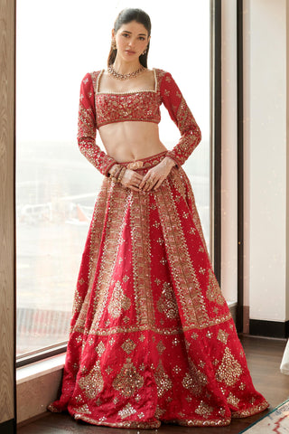Raspberry pink hand-embroidered silk hitch lehenga set