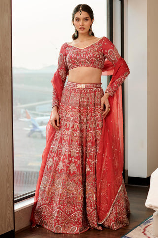 Tomato red hand-embroidered silk hitch lehenga set