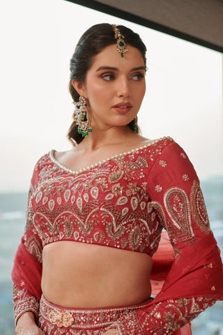 Tomato red hand-embroidered silk hitch lehenga set