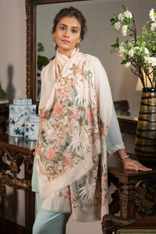 Stole Indian Wedding Wear - Beige Jungle Dream Wool Silk by Mauli