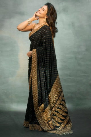Organza Saree for Indian Weddings – Black Gold Chandini by Itrh