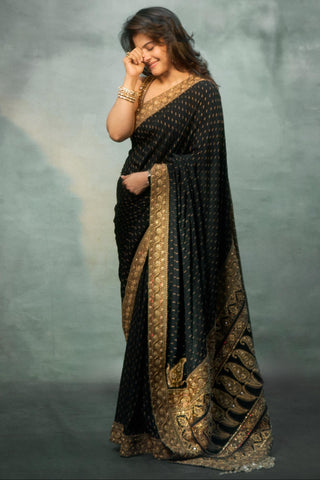 Organza Saree for Indian Weddings – Black Gold Chandini by Itrh