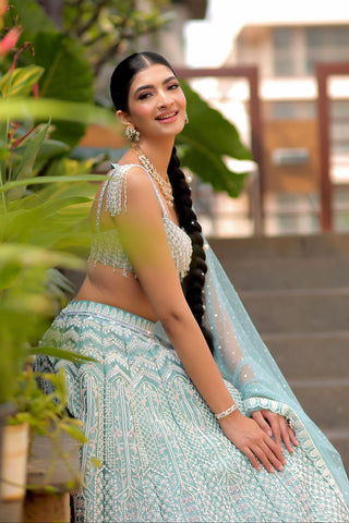 Blue camellia lehenga set