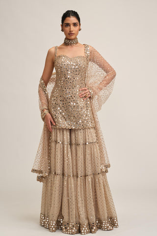 Sharara Set - Indian Wedding - Beige Modern Maharani Mirror by Vvani by Vani Vats