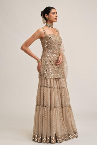 Sharara Set - Indian Wedding - Beige Modern Maharani Mirror by Vvani by Vani Vats