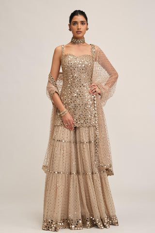 Sharara Set - Indian Wedding - Beige Modern Maharani Mirror by Vvani by Vani Vats