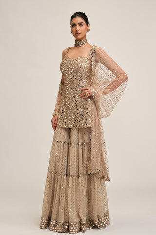 Sharara Set - Indian Wedding - Beige Modern Maharani Mirror by Vvani by Vani Vats