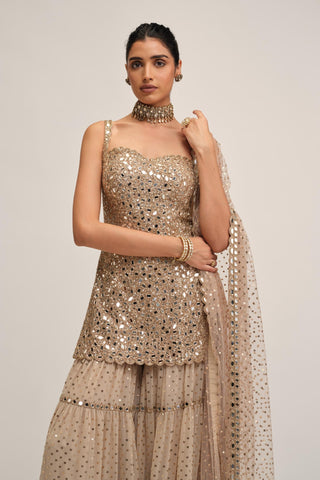 Sharara Set - Indian Wedding - Beige Modern Maharani Mirror by Vvani by Vani Vats