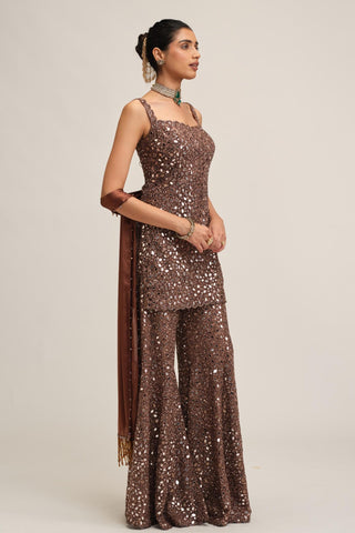 Sharara Set - Indian Wedding - Beige Modern Maharani Sequin by Vvani by Vani Vats