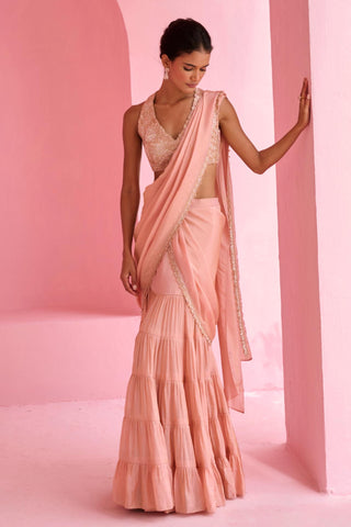 Pre Drape Saree Indian Wedding - Peach Khayal Saree by Chamee & Palak