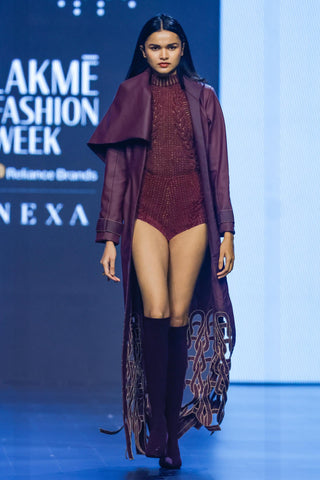 Trench Coat Contemporary Wear - Maroon knotted cutwork applique by Essé