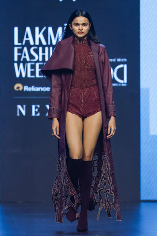 Trench Coat Contemporary Wear - Maroon knotted cutwork applique by Essé