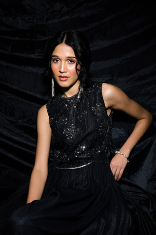 Black flared jumpsuit with beaded bodice