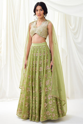 Green embroidered organza lehenga set with wave blouse