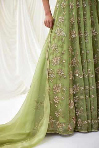 Green embroidered organza lehenga set with wave blouse