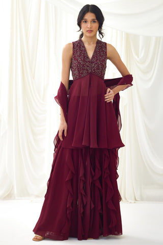 Burdundy sharara set with frills