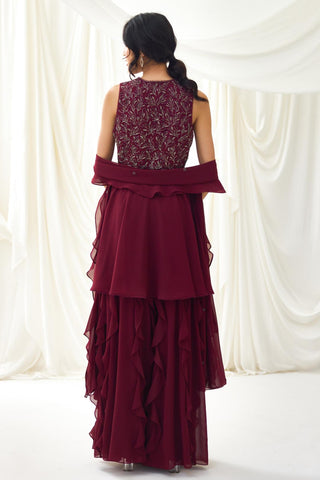 Burdundy sharara set with frills