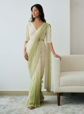 Ivory and green ombre pre-draped saree and blouse
