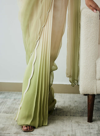 Ivory and green ombre pre-draped saree and blouse