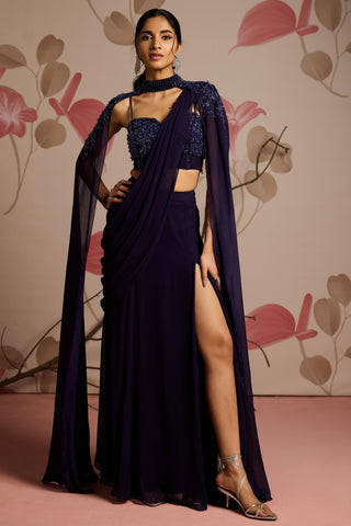 Blue lavender under bloom concept saree with cape