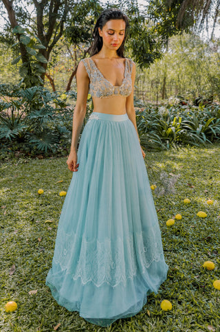 Tulle Lehenga Set for Indian Wedding - Blue Tulle Lace Lehenga Set by The Little Black Bow at Mrs. G