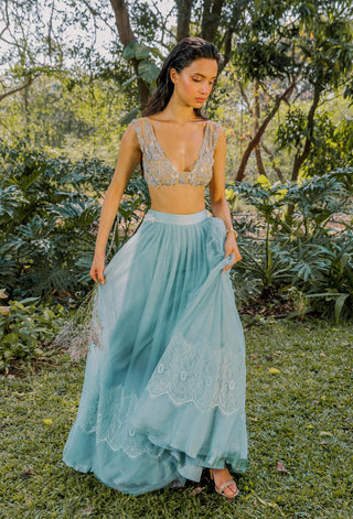 Tulle Lehenga Set for Indian Wedding - Blue Tulle Lace Lehenga Set by The Little Black Bow at Mrs. G