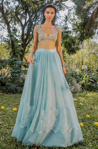 Tulle Lehenga Set for Indian Wedding - Blue Tulle Lace Lehenga Set by The Little Black Bow at Mrs. G