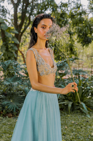 Tulle Lehenga Set for Indian Wedding - Blue Tulle Lace Lehenga Set by The Little Black Bow at Mrs. G