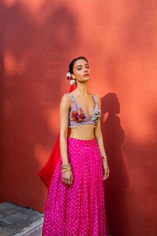 Bandhani Lehenga Set for Indian Wedding - Pink Bandhani Lilac Floral Lehenga Set by The Little Black Bow at Mrs. G