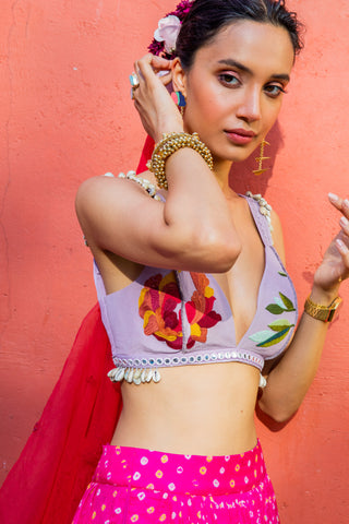 Bandhani Lehenga Set for Indian Wedding - Pink Bandhani Lilac Floral Lehenga Set by The Little Black Bow at Mrs. G