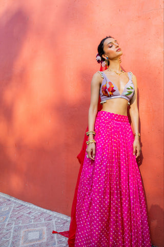 Bandhani Lehenga Set for Indian Wedding - Pink Bandhani Lilac Floral Lehenga Set by The Little Black Bow at Mrs. G