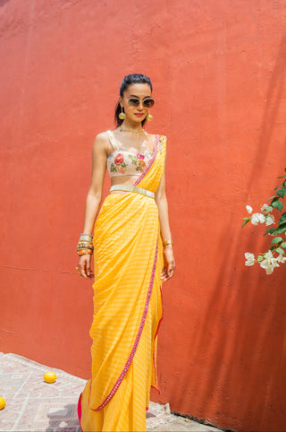 Leheriya Saree Set for Indian Wedding - Yellow Leheriya Mirror Border Saree Set by The Little Black Bow at Mrs. G