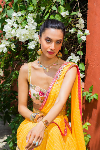Leheriya Saree Set for Indian Wedding - Yellow Leheriya Mirror Border Saree Set by The Little Black Bow at Mrs. G