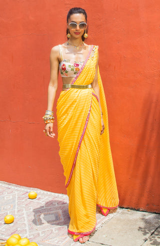 Leheriya Saree Set for Indian Wedding - Yellow Leheriya Mirror Border Saree Set by The Little Black Bow at Mrs. G
