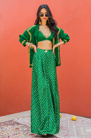 Jacket Set for Indian Wedding - Green Bandhani Trouser and Jacket Set by The Little Black Bow at Mrs. G